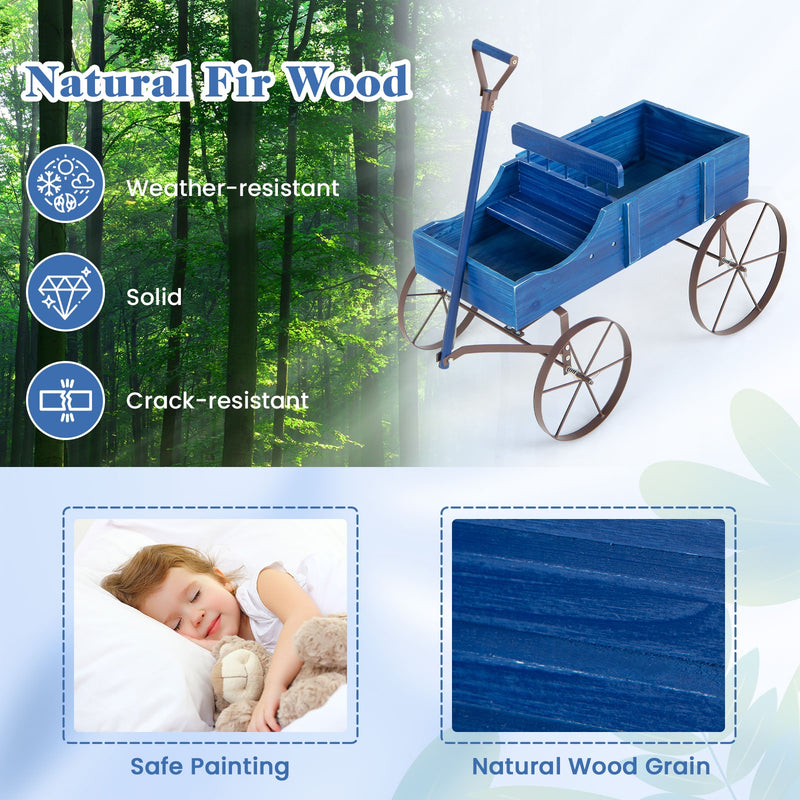 Wooden Wagon Plant Bed with Metal Wheels for Garden Yard Patio-Blue