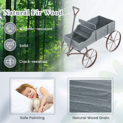 Wooden Wagon Plant Bed with Metal Wheels for Garden Yard Patio-Gray