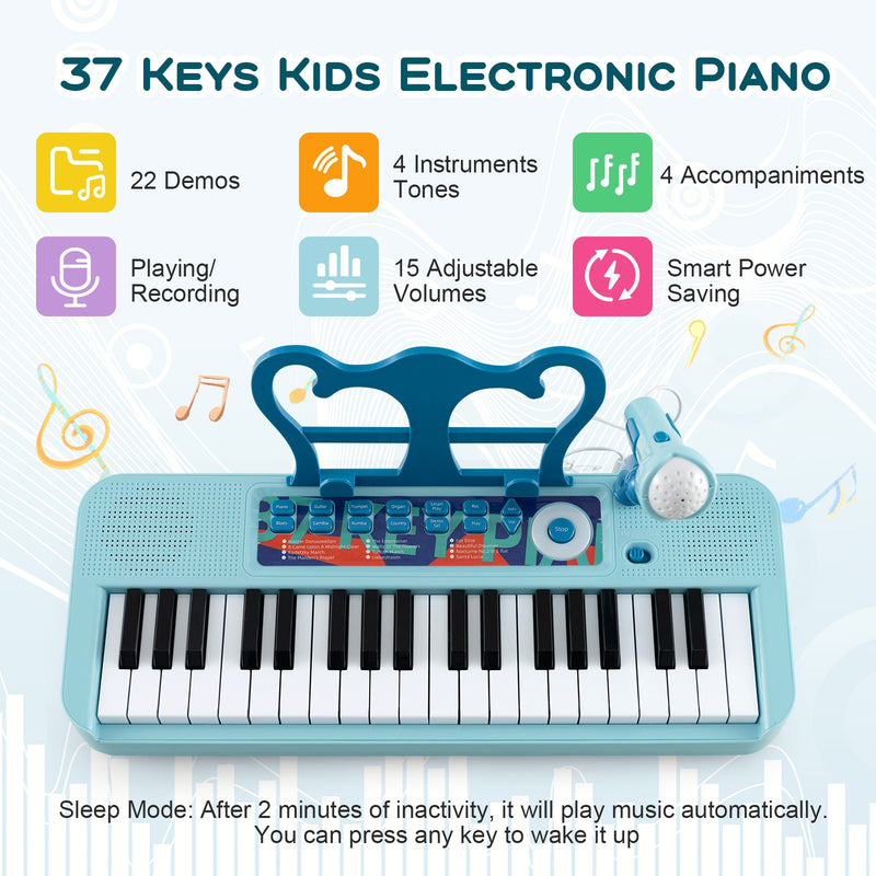 Kids Piano Keyboard 37-Key Kids Toy Keyboard Piano with Microphone for 3+ Kids-Blue