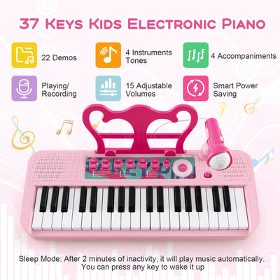 Kids Piano Keyboard 37-Key Kids Toy Keyboard Piano with Microphone for 3+ Kids-Pink