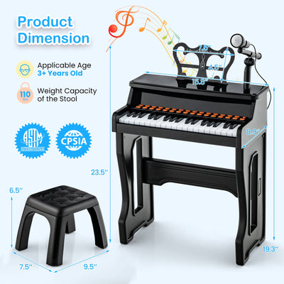 37 Keys Music Piano with Microphone Kids Piano Keyboard with Detachable Music Stand-Black