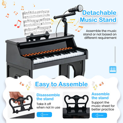 37 Keys Music Piano with Microphone Kids Piano Keyboard with Detachable Music Stand-Black