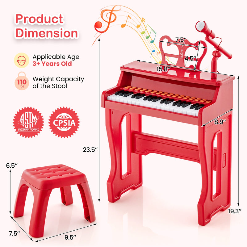 37 Keys Music Piano with Microphone Kids Piano Keyboard with Detachable Music Stand-Red