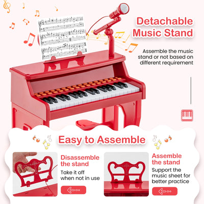 37 Keys Music Piano with Microphone Kids Piano Keyboard with Detachable Music Stand-Red