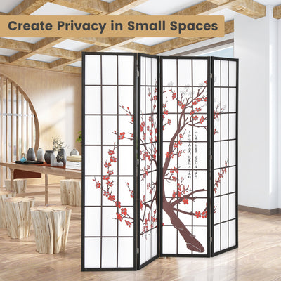 6FT Folding Decorative Oriental Privacy Screen with Plum Blossom Design for Home Office-White