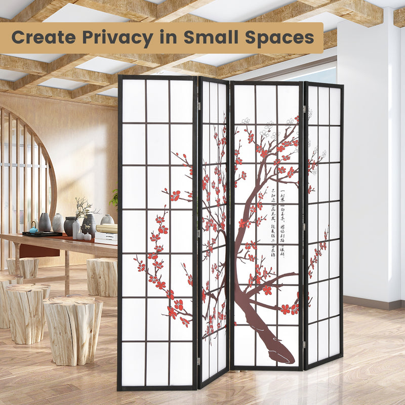 6FT Folding Decorative Oriental Privacy Screen with Plum Blossom Design for Home Office-White