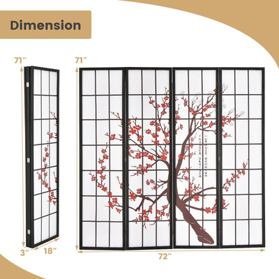 6FT Folding Decorative Oriental Privacy Screen with Plum Blossom Design for Home Office-White