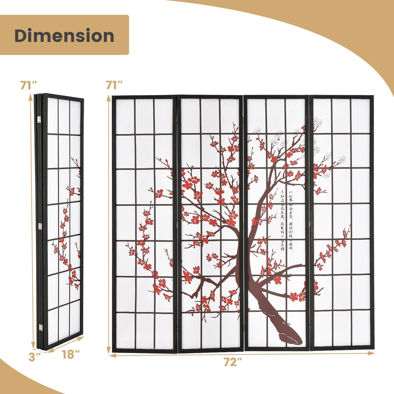 6FT Folding Decorative Oriental Privacy Screen with Plum Blossom Design for Home Office-White