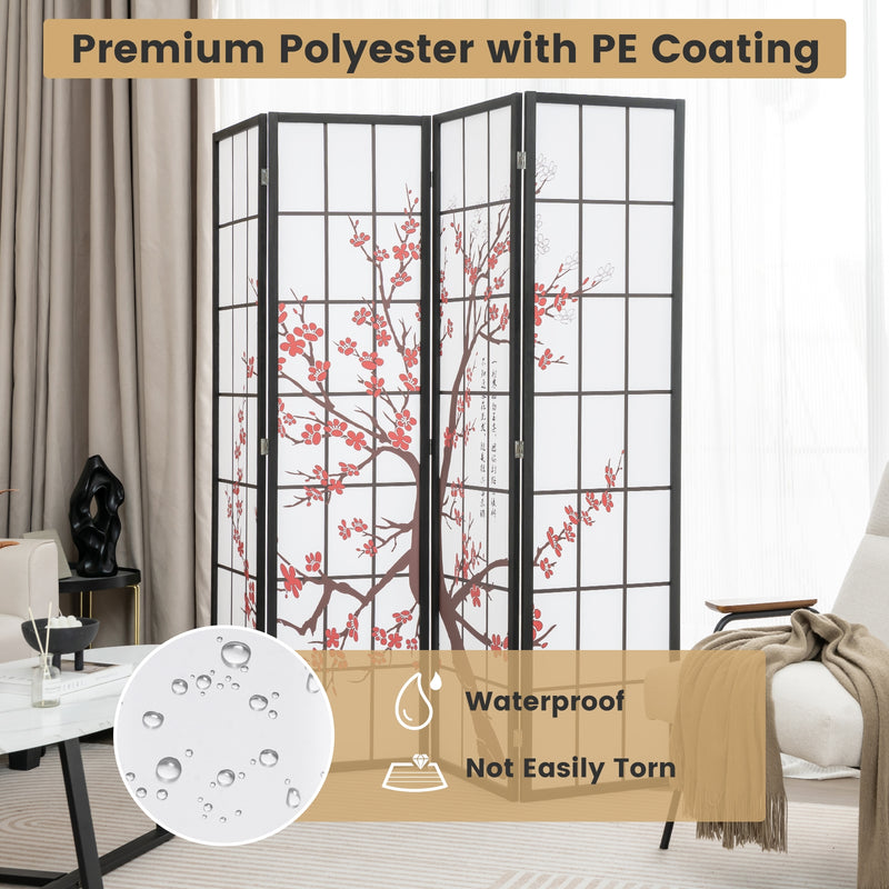 6FT Folding Decorative Oriental Privacy Screen with Plum Blossom Design for Home Office-White