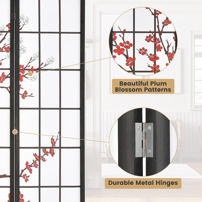 6FT Folding Decorative Oriental Privacy Screen with Plum Blossom Design for Home Office-White