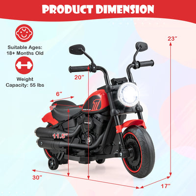 Kids Electric Motorcycle with Training Wheels and LED Headlights-Red