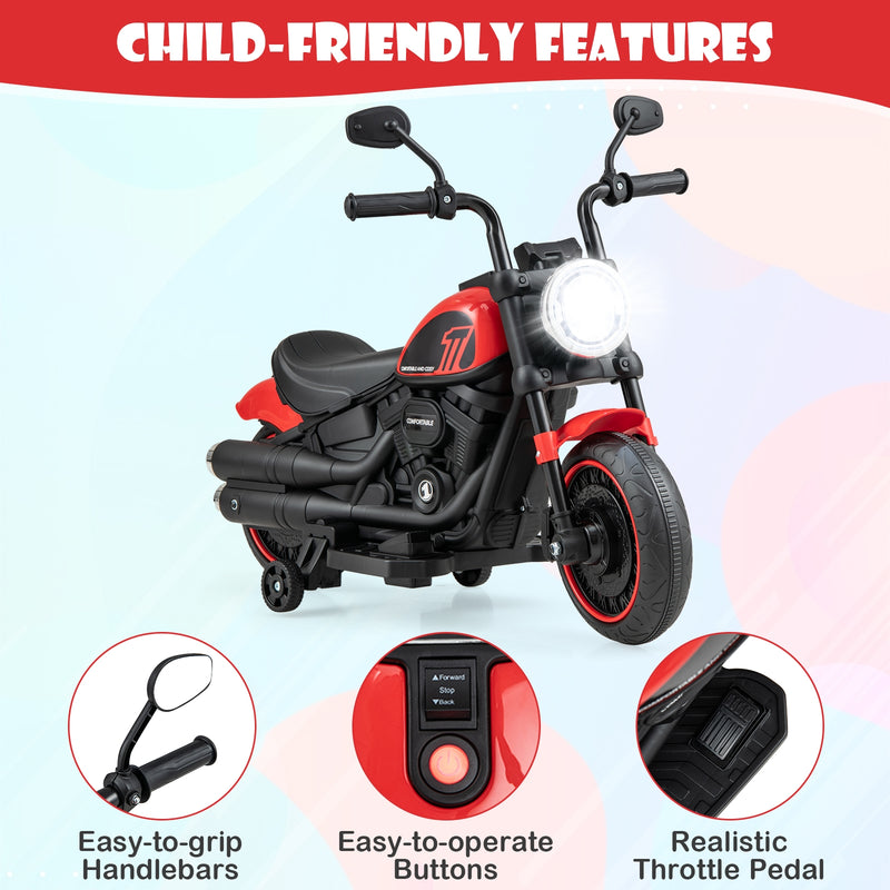 Kids Electric Motorcycle with Training Wheels and LED Headlights-Red