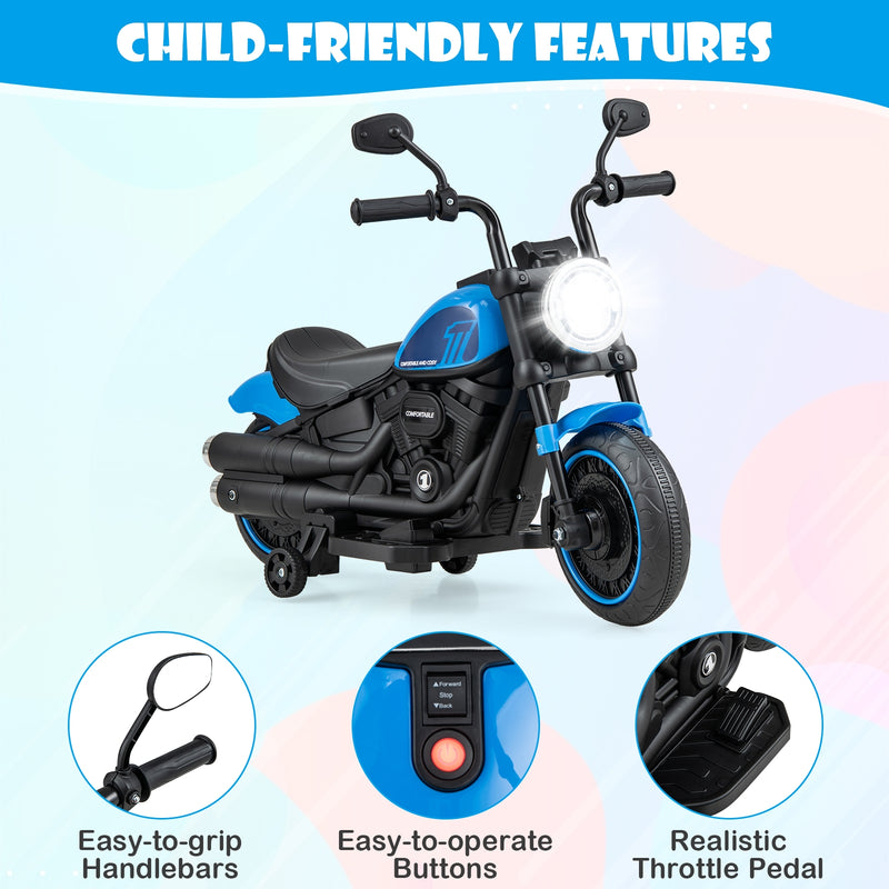 Kids Electric Motorcycle with Training Wheels and LED Headlights-Blue