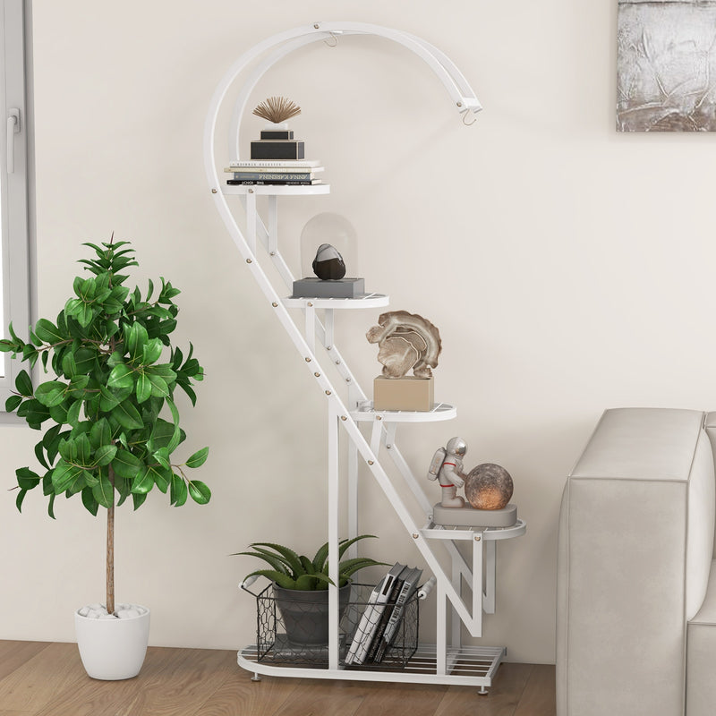 5 Tier Metal Plant Stand with Hanging Hook for Multiple Plants-White