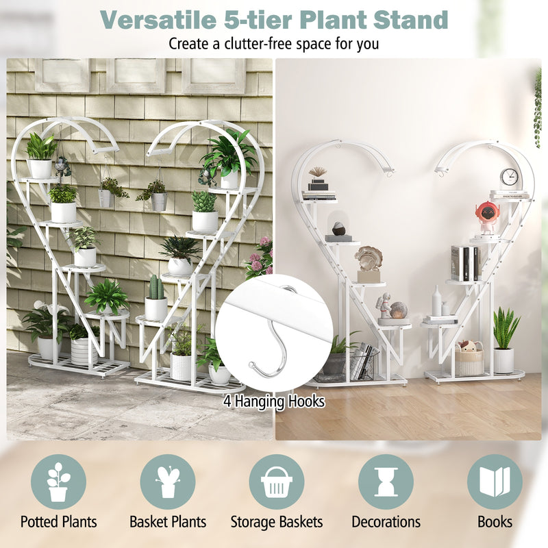 5 Tier Metal Plant Stand with Hanging Hook for Multiple Plants-White