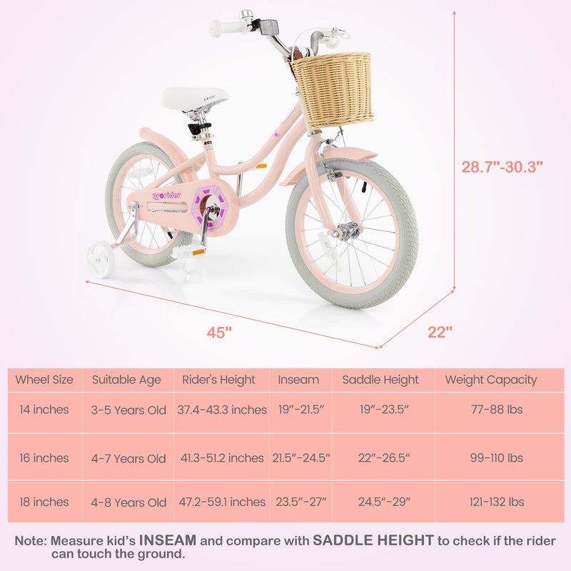 16-Inch Kids Bike with Training Wheels and Adjustable Handlebar Seat-Pink