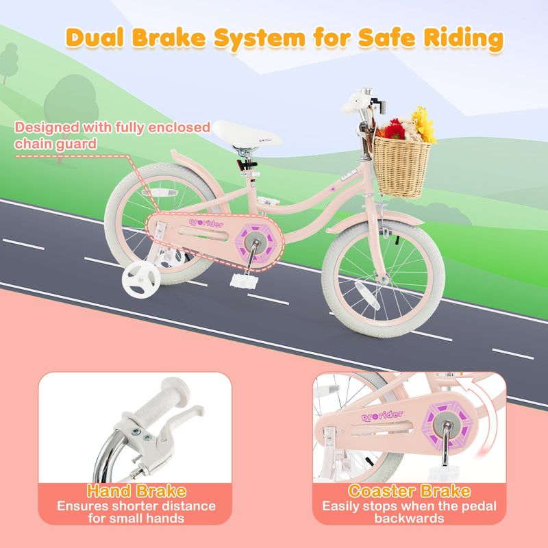 16-Inch Kids Bike with Training Wheels and Adjustable Handlebar Seat-Pink