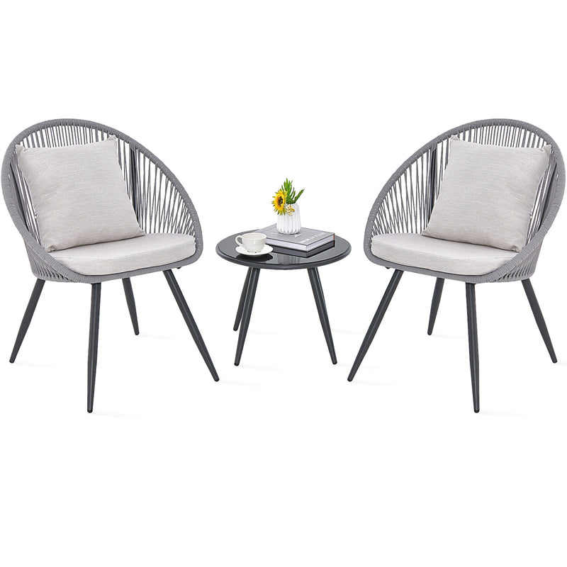 3 Piece Patio Furniture Set with Seat and Back Cushions-Gray