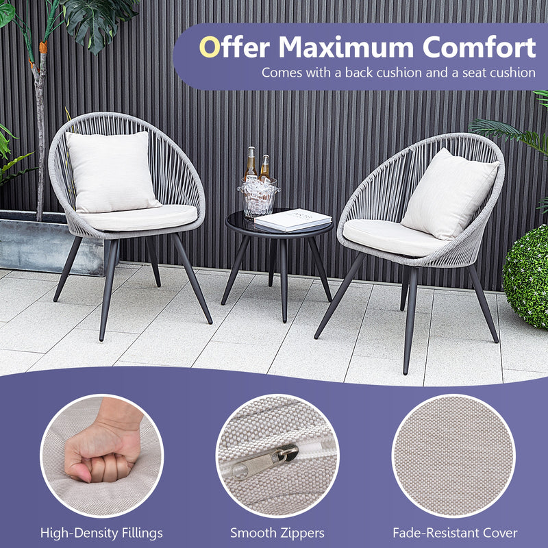 3 Piece Patio Furniture Set with Seat and Back Cushions-Gray