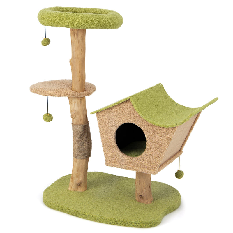 43 Inch Wooden Cat Tree with Padded Top Perch-Green