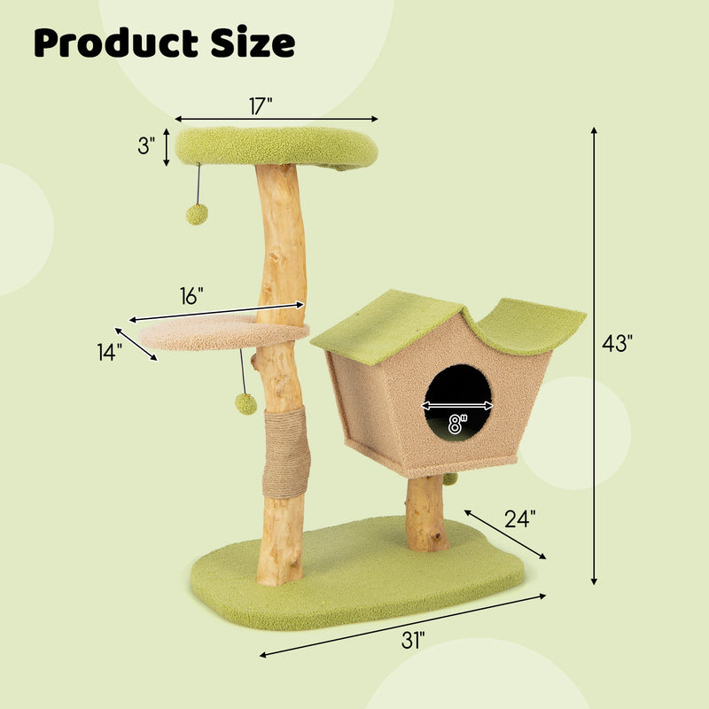 43 Inch Wooden Cat Tree with Padded Top Perch-Green