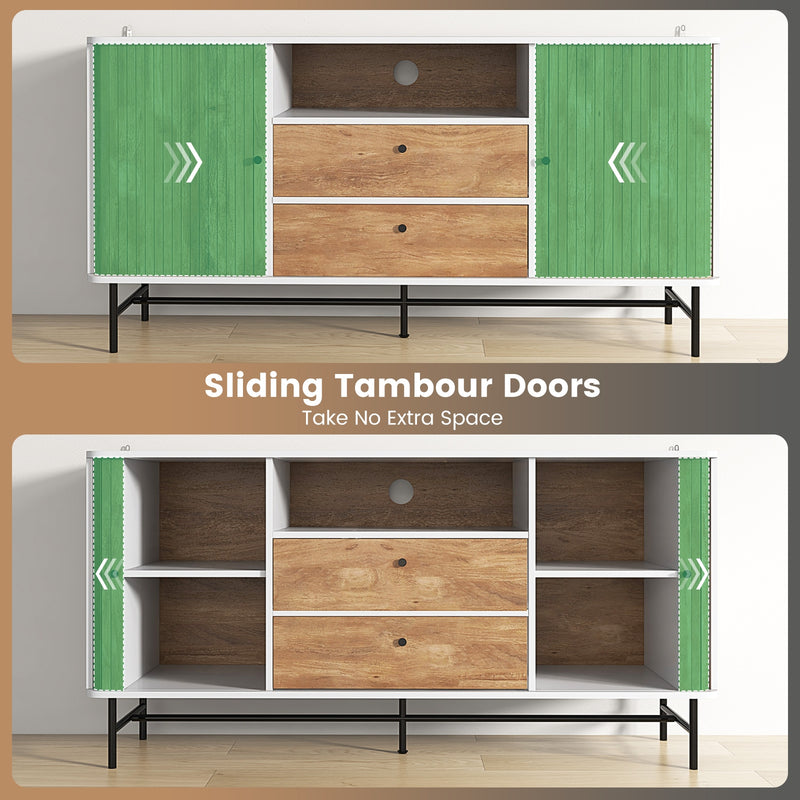 Mid Century Modern Buffet Sideboard with Sliding Tambour Doors and 2 Storage Drawers-White