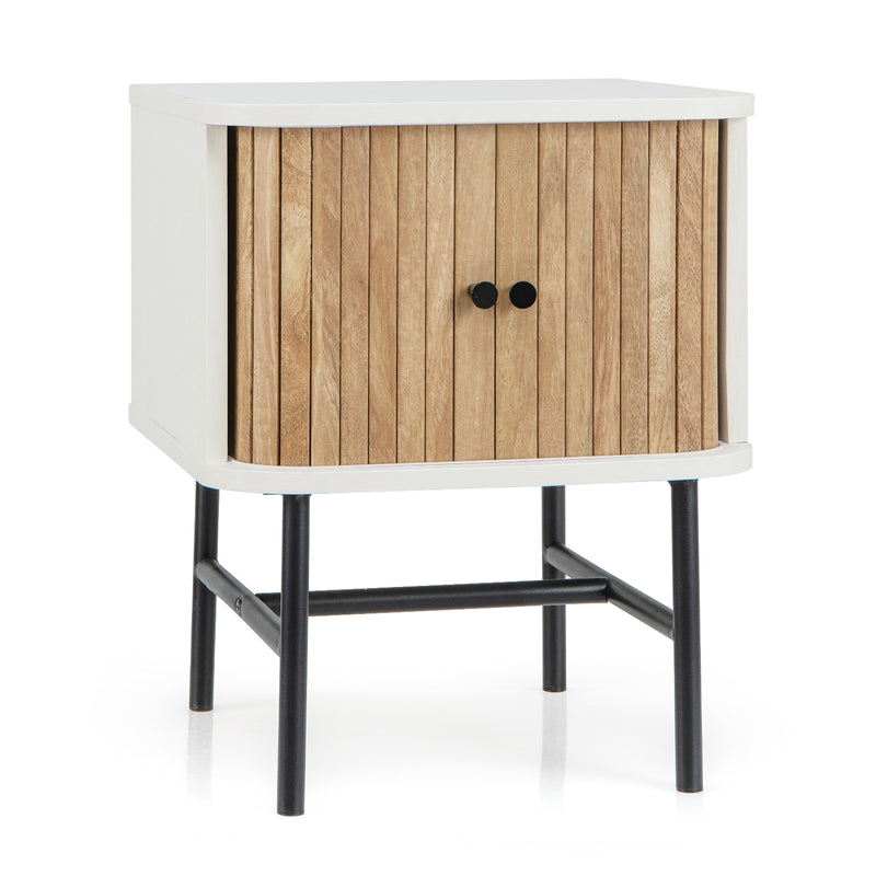 Mid-century Modern Nightstand with Sliding Doors and Storage Cabinet-White