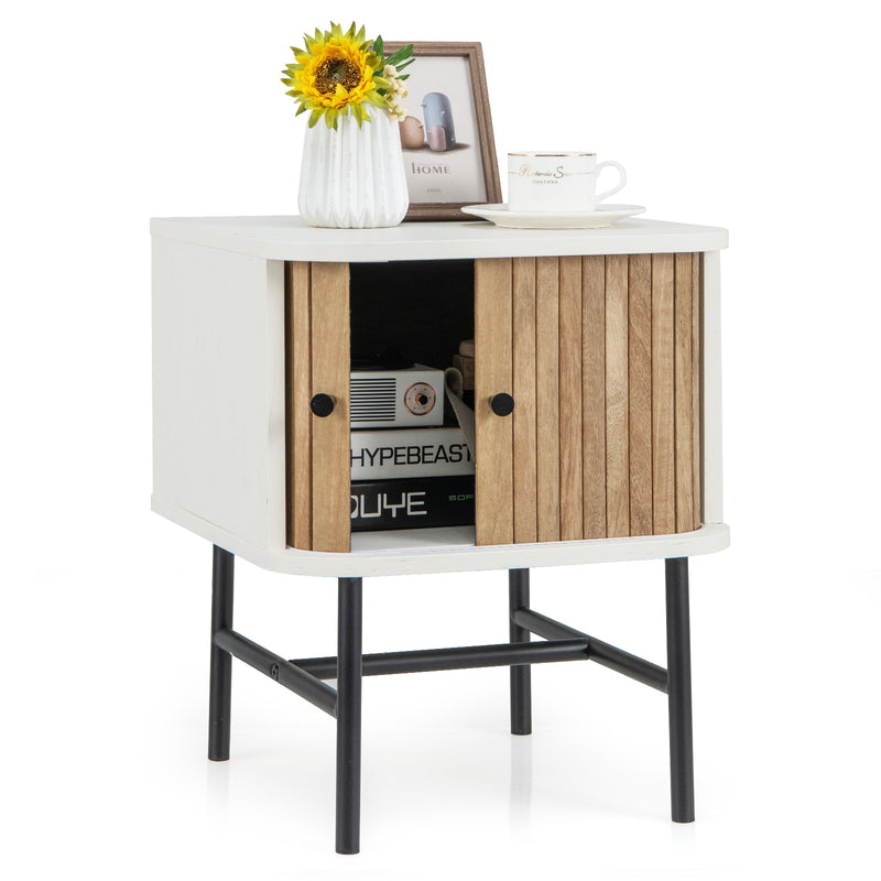 Mid-century Modern Nightstand with Sliding Doors and Storage Cabinet-White