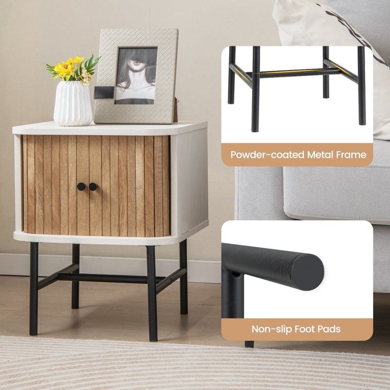 Mid-century Modern Nightstand with Sliding Doors and Storage Cabinet-White