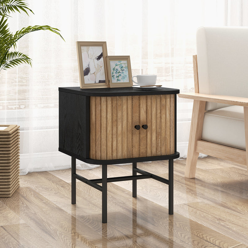 Mid-century Modern Nightstand with Sliding Doors and Storage Cabinet-Black