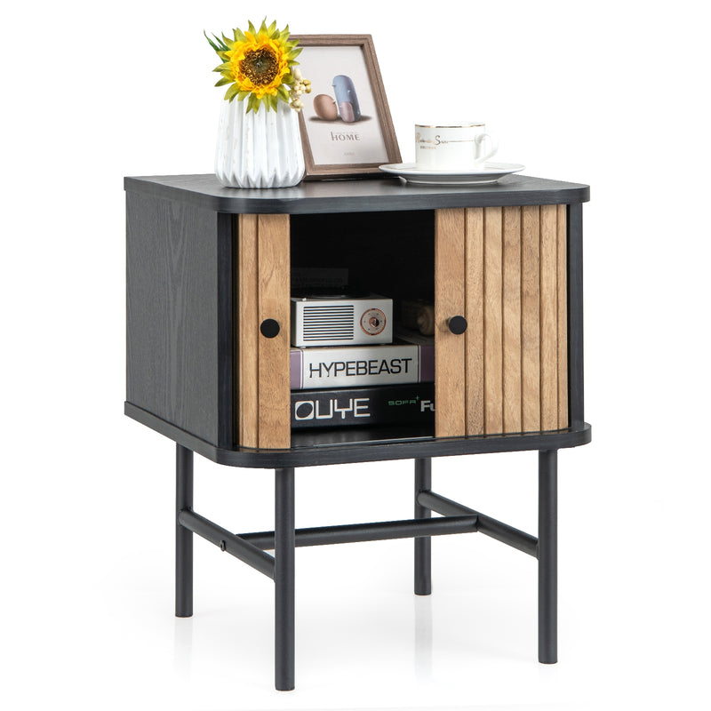 Mid-century Modern Nightstand with Sliding Doors and Storage Cabinet-Black