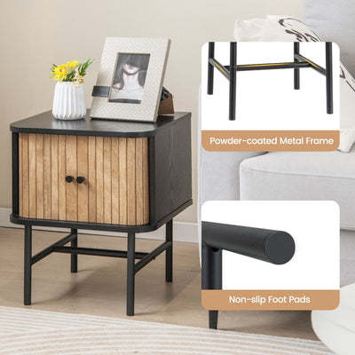 Mid-century Modern Nightstand with Sliding Doors and Storage Cabinet-Black