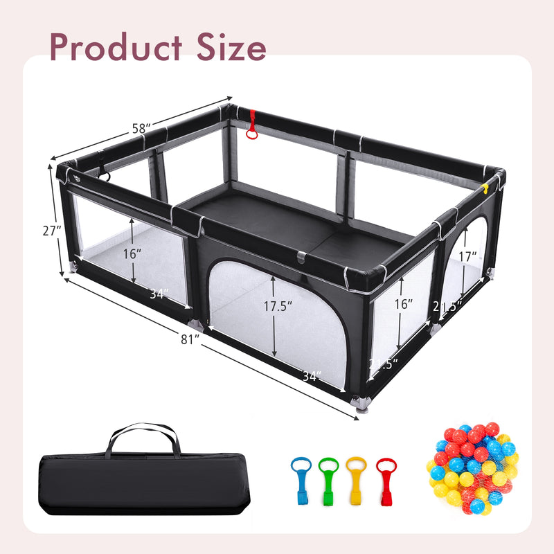 81 x 59 Inch Portable Baby Playpen with Ocean Balls and Handlebars-Black