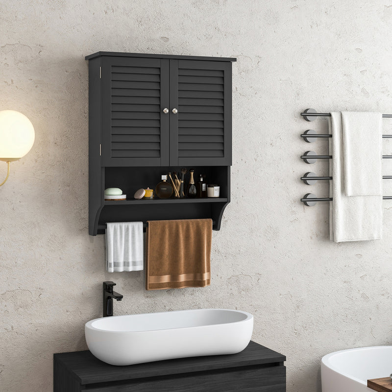 2-Doors Bathroom Wall-Mounted Medicine Cabinet with Towel Bar-Black