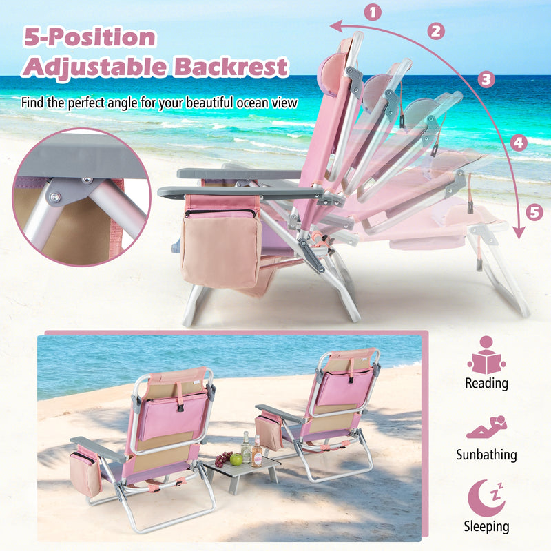 2 Pieces Folding Backpack Beach Chair with Pillow-Pink