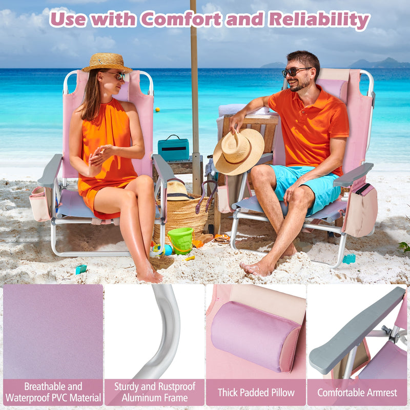 2 Pieces Folding Backpack Beach Chair with Pillow-Pink