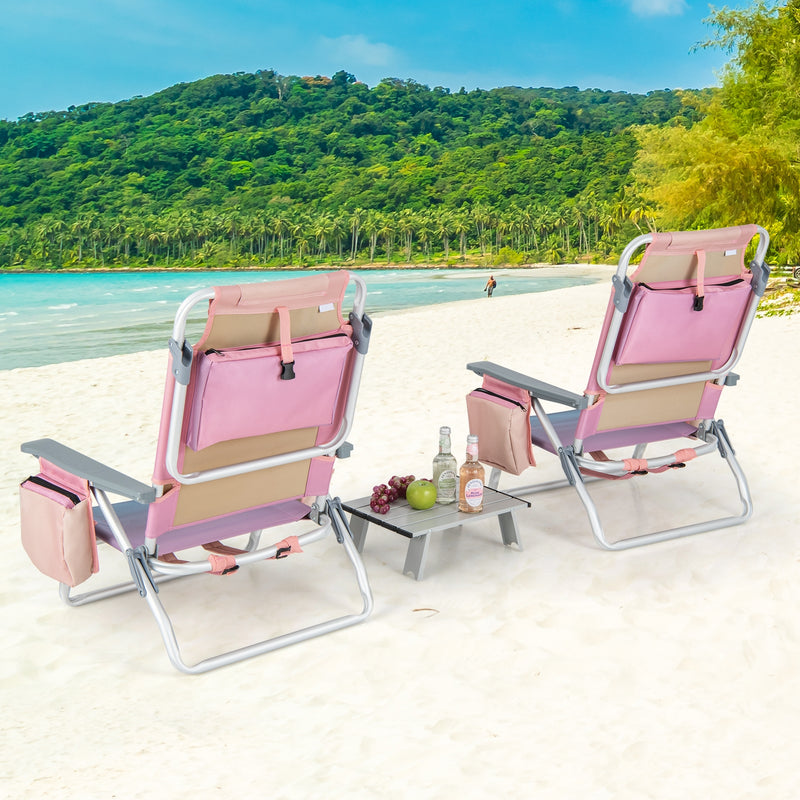 2 Packs 5-Position Outdoor Folding Backpack Beach Table Chair Reclining Chair Set-Pink