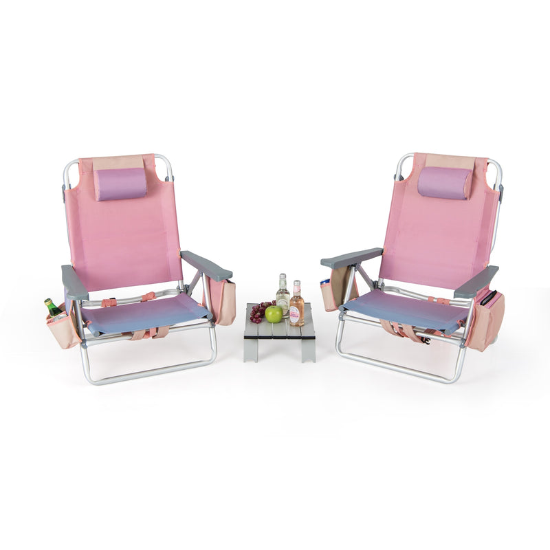 2 Packs 5-Position Outdoor Folding Backpack Beach Table Chair Reclining Chair Set-Pink