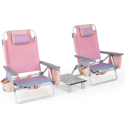 2 Packs 5-Position Outdoor Folding Backpack Beach Table Chair Reclining Chair Set-Pink