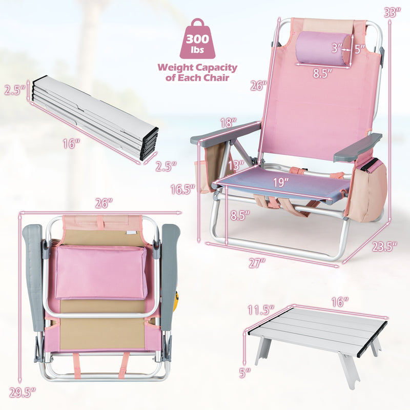 2 Packs 5-Position Outdoor Folding Backpack Beach Table Chair Reclining Chair Set-Pink