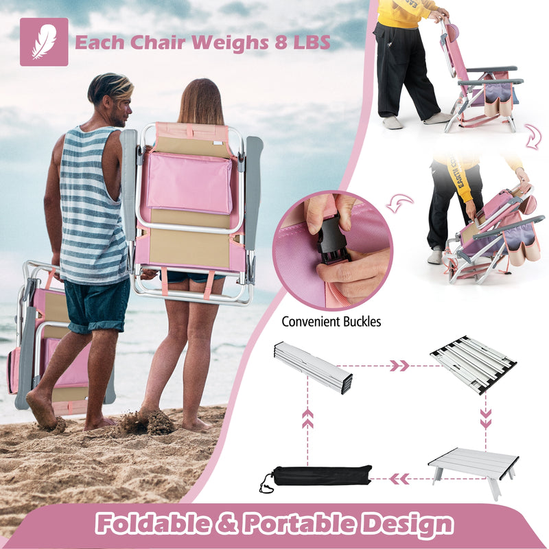 2 Packs 5-Position Outdoor Folding Backpack Beach Table Chair Reclining Chair Set-Pink