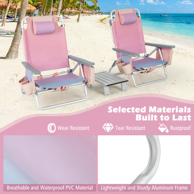 2 Packs 5-Position Outdoor Folding Backpack Beach Table Chair Reclining Chair Set-Pink