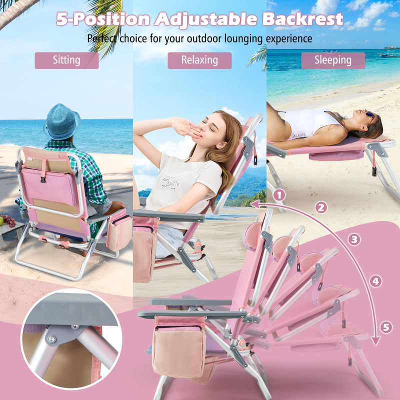 2 Packs 5-Position Outdoor Folding Backpack Beach Table Chair Reclining Chair Set-Pink