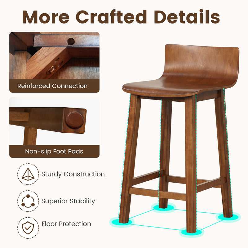 Wood Bar Stools Set of 2 with Solid Back and Seat