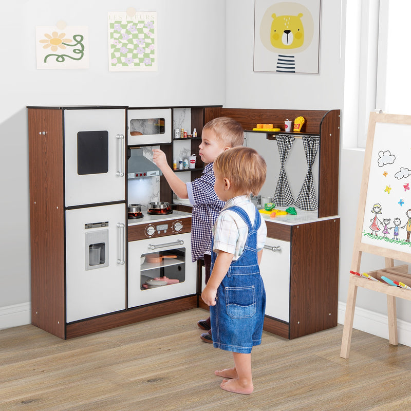 Wooden Corner Play Kitchen with Water Circulation System and Lights-Brown