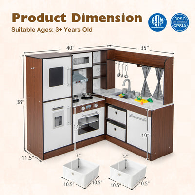 Wooden Corner Play Kitchen with Water Circulation System and Lights-Brown