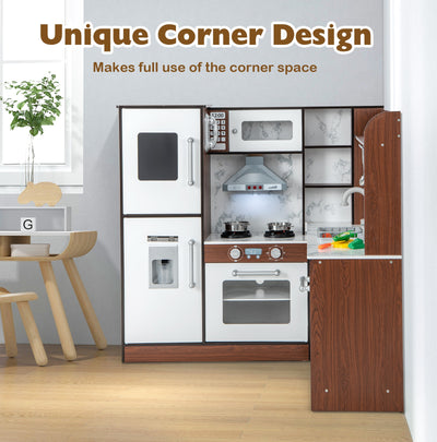 Wooden Corner Play Kitchen with Water Circulation System and Lights-Brown