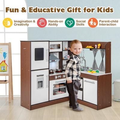 Wooden Corner Play Kitchen with Water Circulation System and Lights-Brown