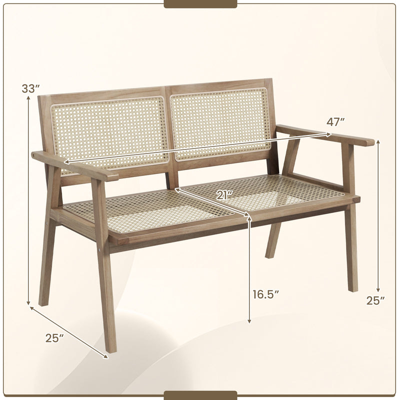 Indonesia Teak Wood Garden Bench with Armrests and Natural Rattan Backrest