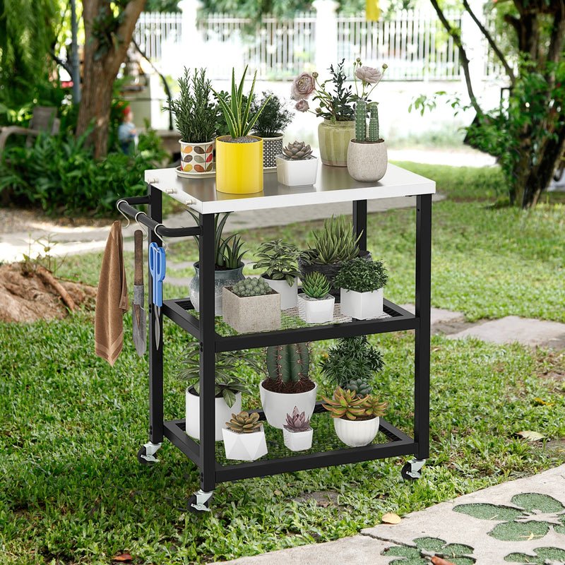 3-Tier Foldable Outdoor Stainless Steel Food Prepare Dining Cart Table on Wheels-Black